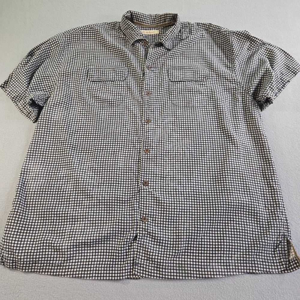 Tommy Bahama Shirt Mens XXL Navy Blue Gingham 100% Silk Short Sleeve Button Down